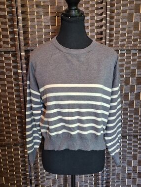 Deluc Gray and Cream Striped Crewneck Sweater